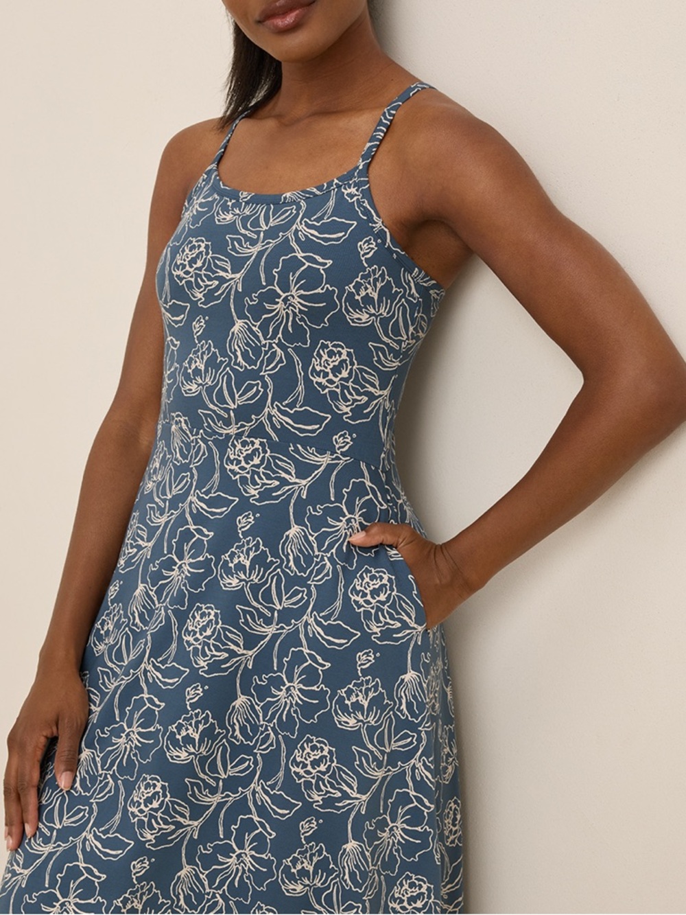 Pact Organic Fit & Flare Midi Dress Looking Glass Floral Slate Blue - Picture 4 of 4